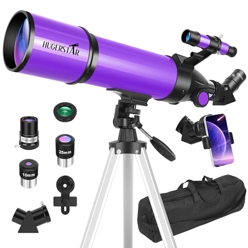 HUGERSTAR Telescope, Telescope for Adults & Kids & Astronomy Beginners, 80mm Aperture 600mm Portable Refractor Telescopes FMC Optics with AZ Mount Tripod, Phone Adapter, Moon Filter and Carrying Bag