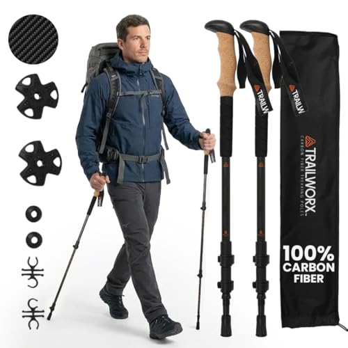 TRAILWORX 3K Carbon Fiber Trekking Poles, Collapsible Set of 2 Lightweight Adjustable Hiking Poles 24.5"-54" with Cork Grip, Tungsten Carbide Tips, Black, Includes Carry Bag, Snow & Mud Baskets